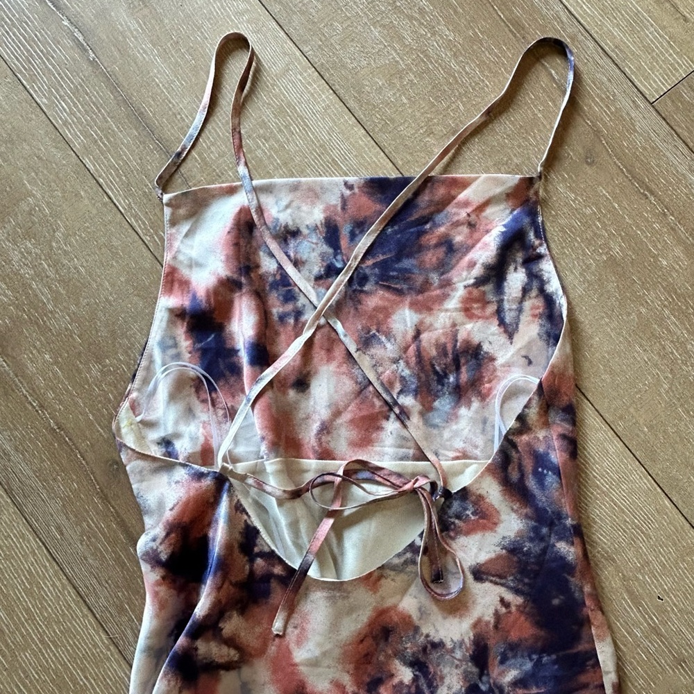 Silky Tie-Dye Blue Pink Spaghetti Strap Maxi Dress - Picture 8 of 9